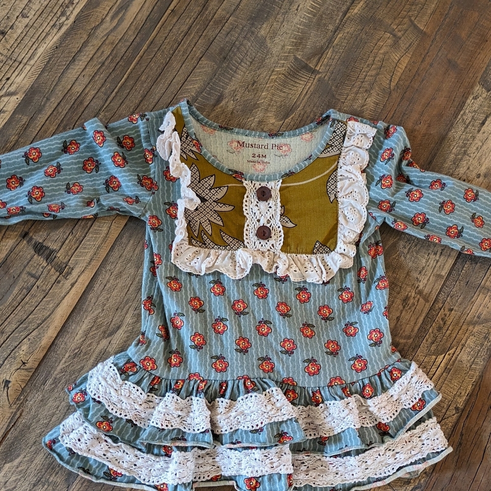 Mustard Pie top, 24 months beautiful top blue and olive with crochet